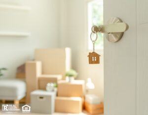 A door with a house-shaped keychain is open, showing a bright room with moving boxes and a plant in the background.