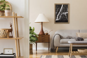 Trendy Living Room with Natural Wood Materials and Greenery