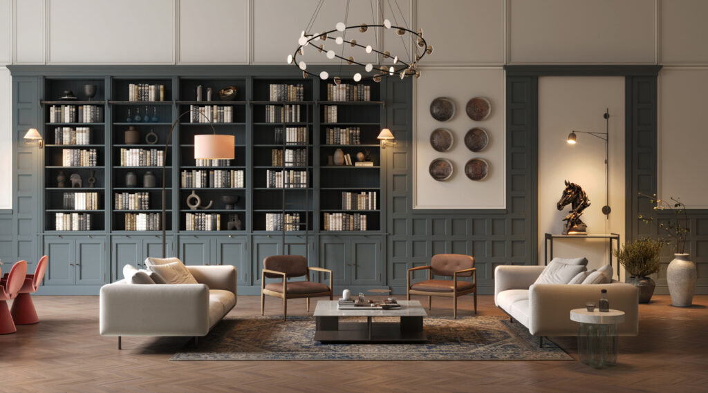 Old style living room interior with a bookshelf in 3D