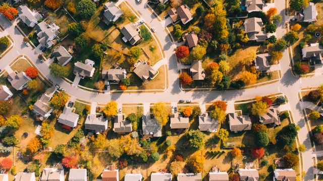 the aerial view of a suburban neighborhood