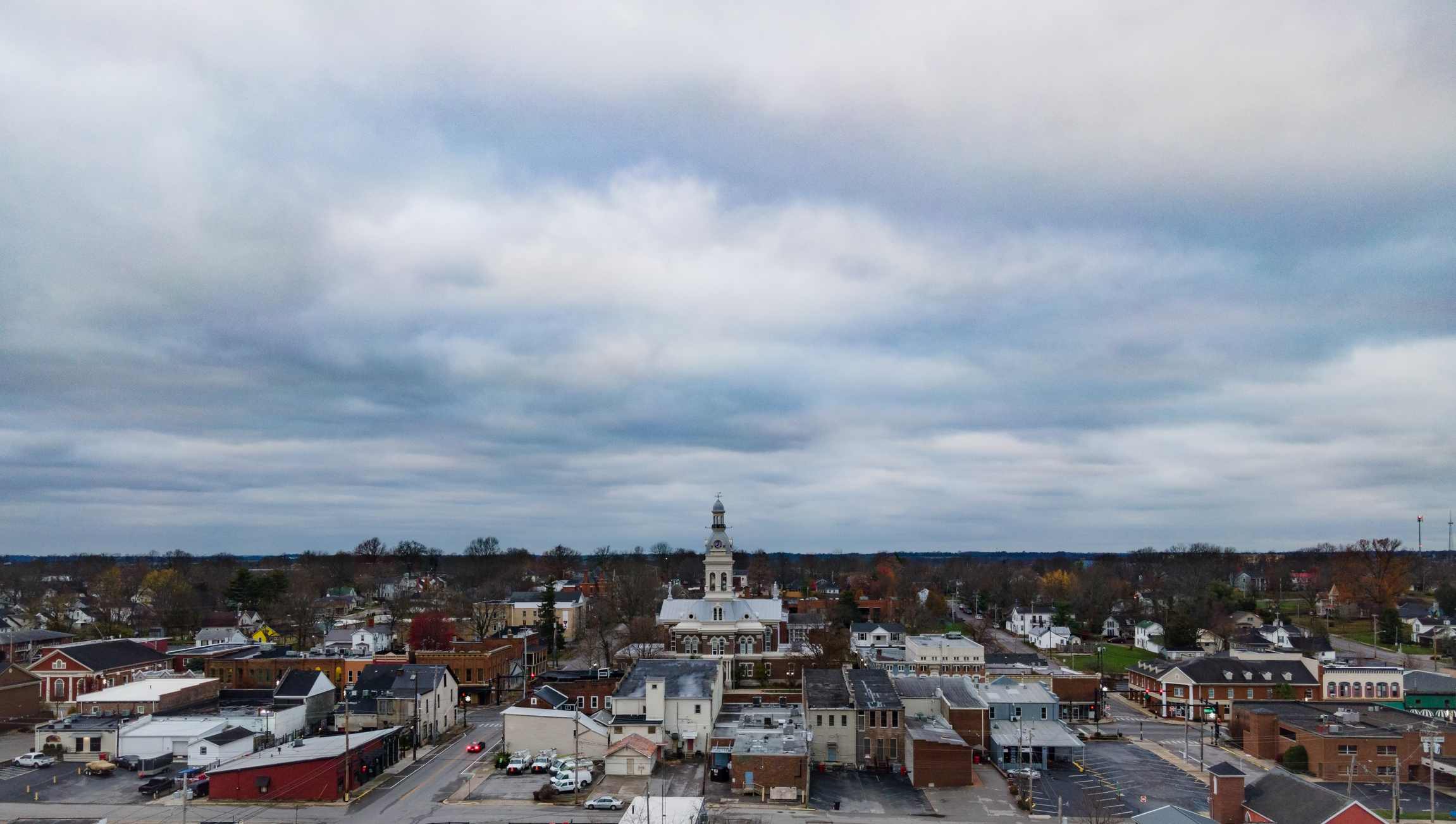 Drone view of Downtown Nicholasville, Kentucky with Jessamine County Courthouse in the middle