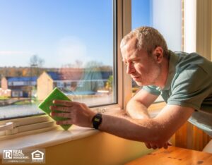 Man wiping condensation with a green sponge to prevent mold from forming.