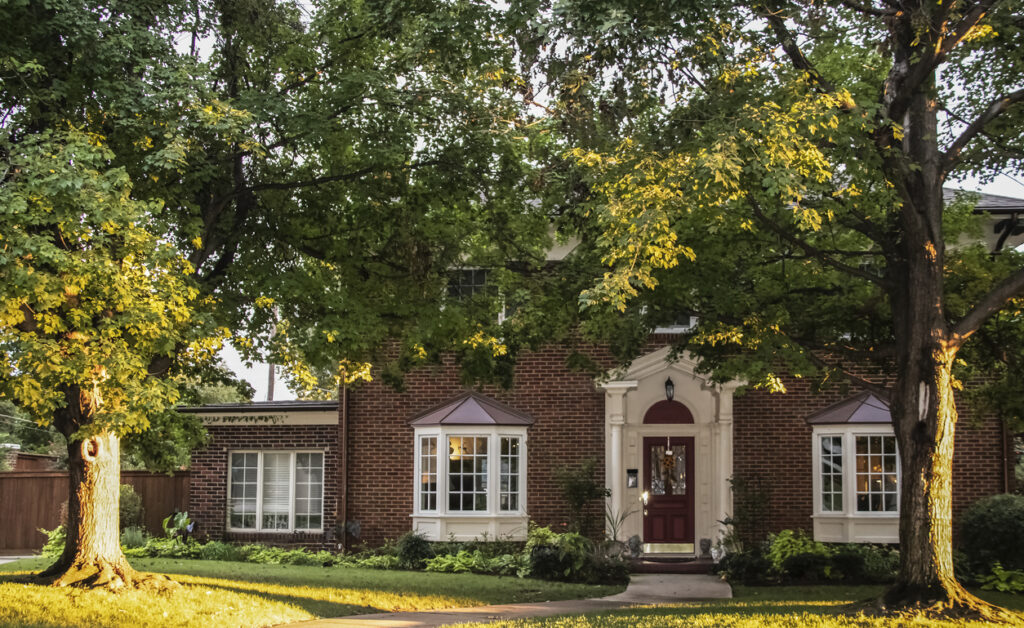 Golden Hour on the maple trees in front of traditional brick house with columns and bay windows - light stretching across front yard and up tree trunks