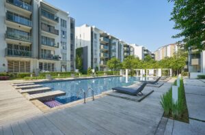 Modern residential buildings with outdoor facilities.