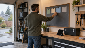 Rental owner organizing a repair approval workflow on a wall board in a modest Vancouver property workspace.
