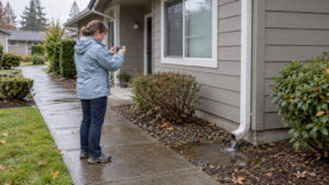Property owner documenting a wet area beside a rental walkway after light rain. Confirm against the final rendered image.