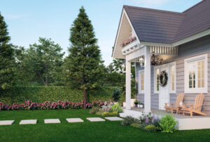 A cozy house with a welcoming front porch and a well-kept lawn. 