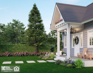 A cozy house with a welcoming front porch and a well-kept lawn.