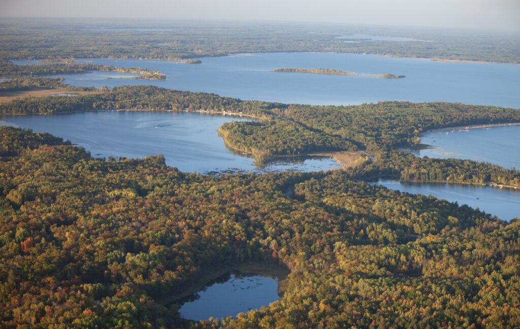 Aerial view of lakes and trees in autumn color near Brainerd Minnesota