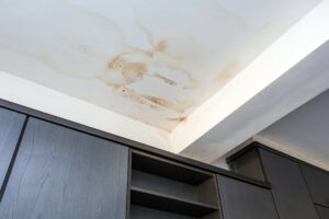 Close up of water damaged ceiling due to roof leakage.