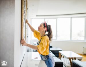 A woman happily hanging a picture on the wall of her rental home.