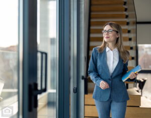 Modern female property manager, wearing suit and eyeglasses holding notebook ready for meeting.