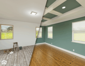 Before and after of a cozy room featuring green walls and warm wood floors, creating a welcoming atmosphere.