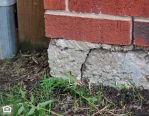 Picture of a crack on the corner of a residential building, crack indicates settlement and movement and a foundation problem.