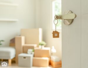 A door with a house-shaped keychain is open, showing a bright room with moving boxes and a plant in the background.