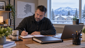 Rental owner reviewing a task log beside a laptop in a modest home office.