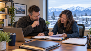 Owner and coordinator organizing a lease review folder and calendar at a desk.