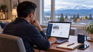 Rental owner reviewing organized property information on a laptop at home.