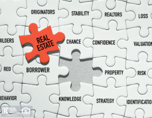 A white puzzle, each piece has a word that relates to investing, a single red piece reads "real estate"