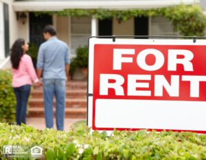 A large "For Rent" sign in front of a house with two people standing on the walkway, facing the home and holding hands.