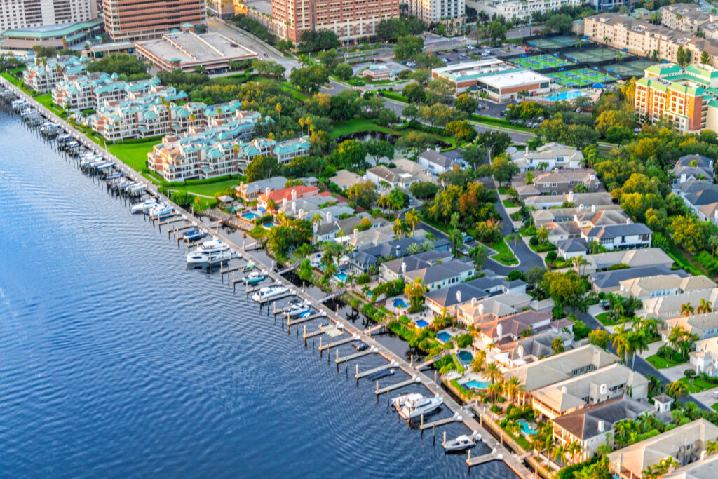 aerial view of homes along Tampa Bay just outside of downtown Tampa, Florida