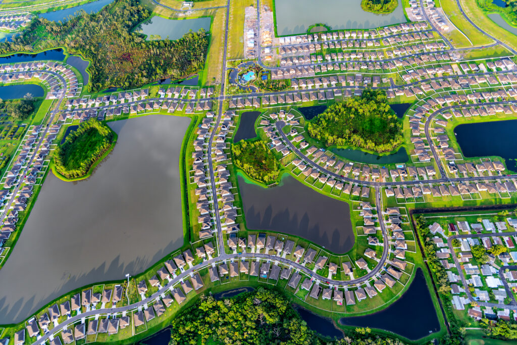 Aerial view of a suburban Tampa subdivision located in Lakeland just east of downtown Tampa.