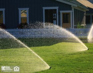 A lawn sprinkler releases a fine mist of water onto a well-maintained grassy lawn, promoting healthy growth and vitality.