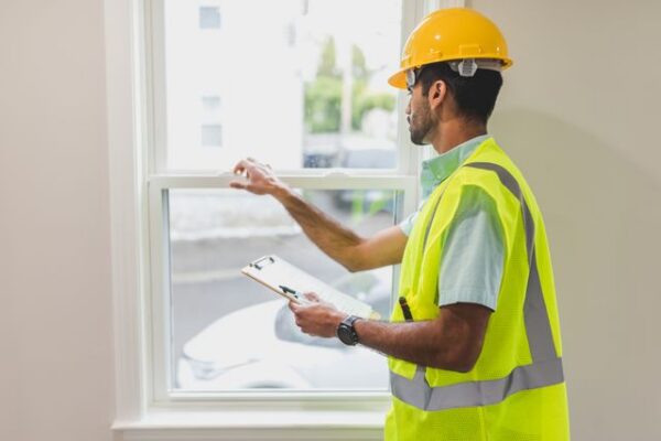 person inspecting a window sill