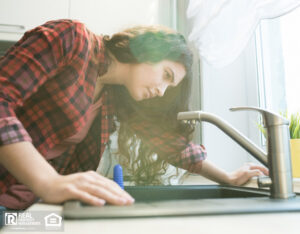 Woman in checkered shirt checking faucet while having problem with dripping faucet in kitchen.