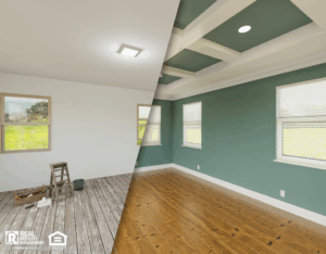 Before and after of a cozy room featuring green walls and warm wood floors, creating a welcoming atmosphere.