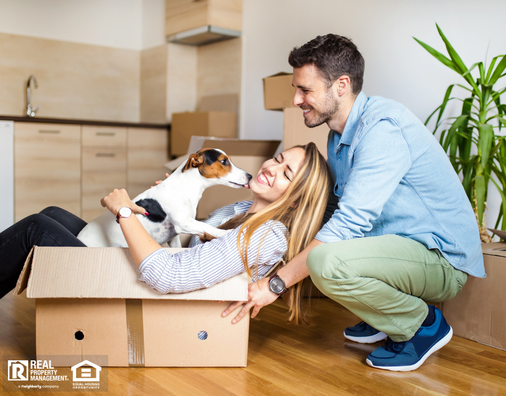 Houston Couple Packing Moving Boxes with their Jack Russel Terrier