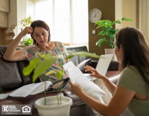Frustrated landlord reviewing documents.