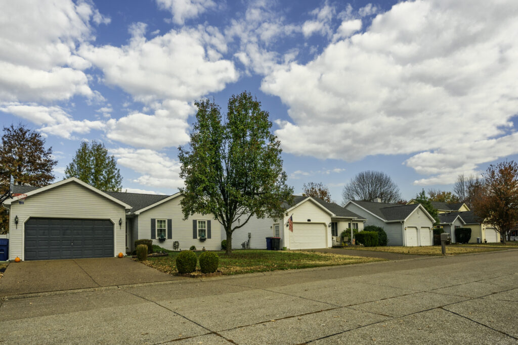 Exterior of ranch houses in a neighborhood in Indiana, Midwest, USA
