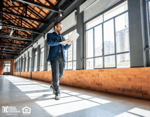 A man in a suit walks through a vacant building holding a laptop.