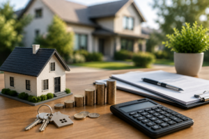 Rental property investment planning with a house model, rising coins, keys, calculator, and financial documents.