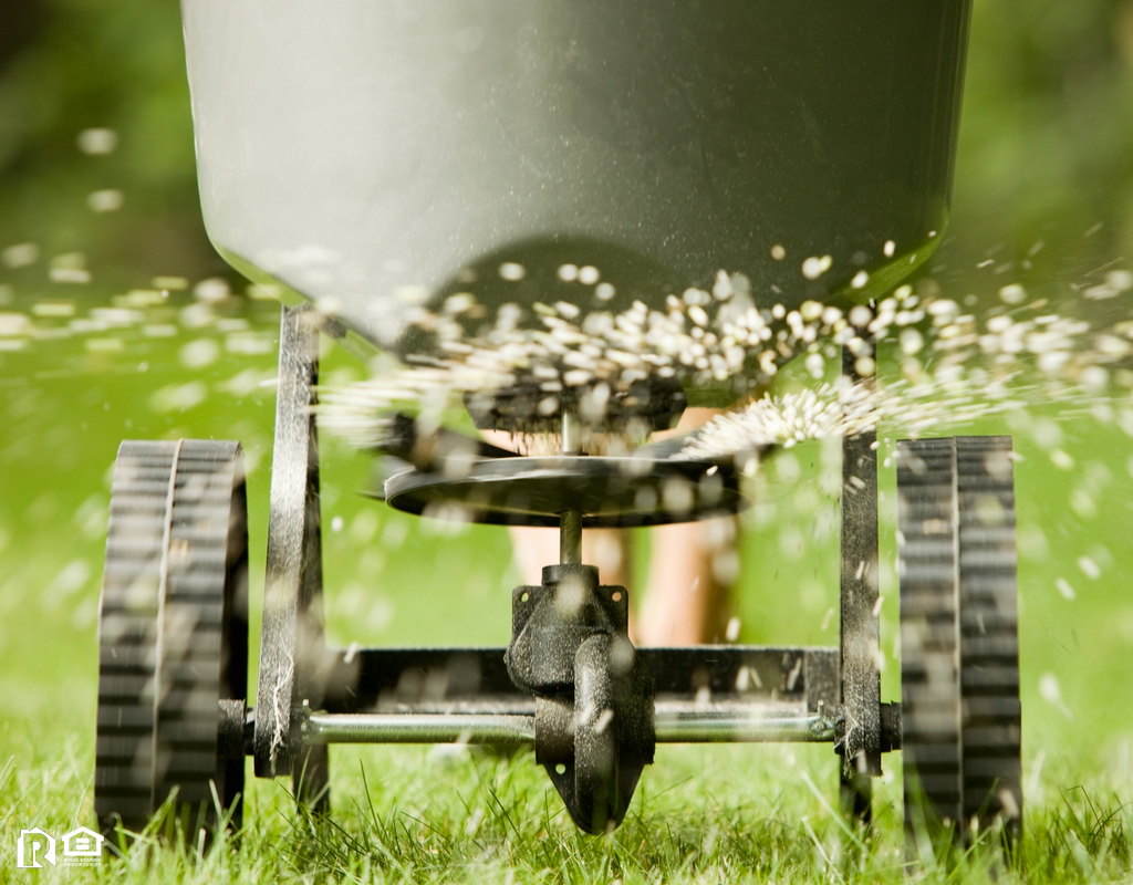 Fertilizer Pellets Spraying onto a Green Lawn