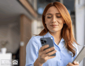 A woman in a blue shirt holds a tablet while checking her phone, looking focused and engaged.