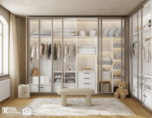 Modern children’s closet with organized wardrobe and soft neutral decor.