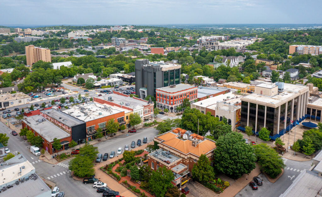 Fayetteville Property Management Aerial view of Fayetteville Arkansas town square.