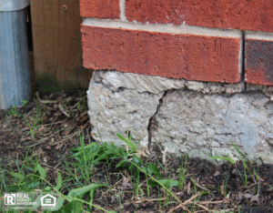 Picture of a crack on the corner of a residential building, crack indicates settlement and movement and a foundation problem.