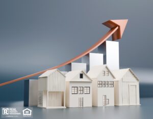 A series of model houses with an upward graph and arrow, symbolizing a positive market trend in real estate.