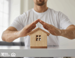Close up of house model on table and man's hands above it, signifying home protection.
