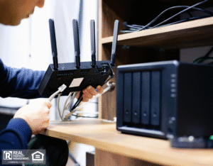Man preparing cables for small internet network.