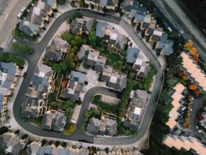 an overhead view of a suburban neighborhood