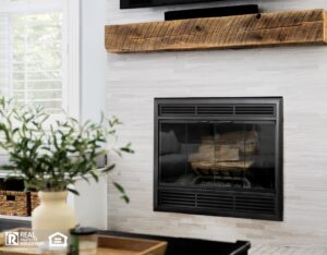 A fireplace detail with brown tiles in a cozy living room and a television mounted above.