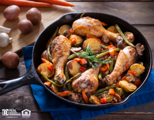 Chicken and Vegetables Grilled in Cast Iron Skillet