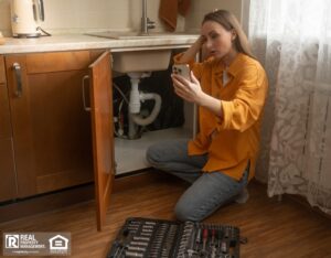 Renter seeks help from property manager as she addresses a malfunctioning sink drain.