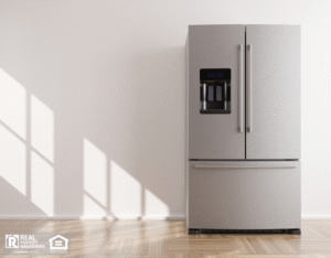 Refrigerator standing in empty room.