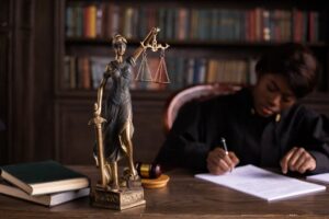 a judge sat at a desk that has a lady justice statue on it