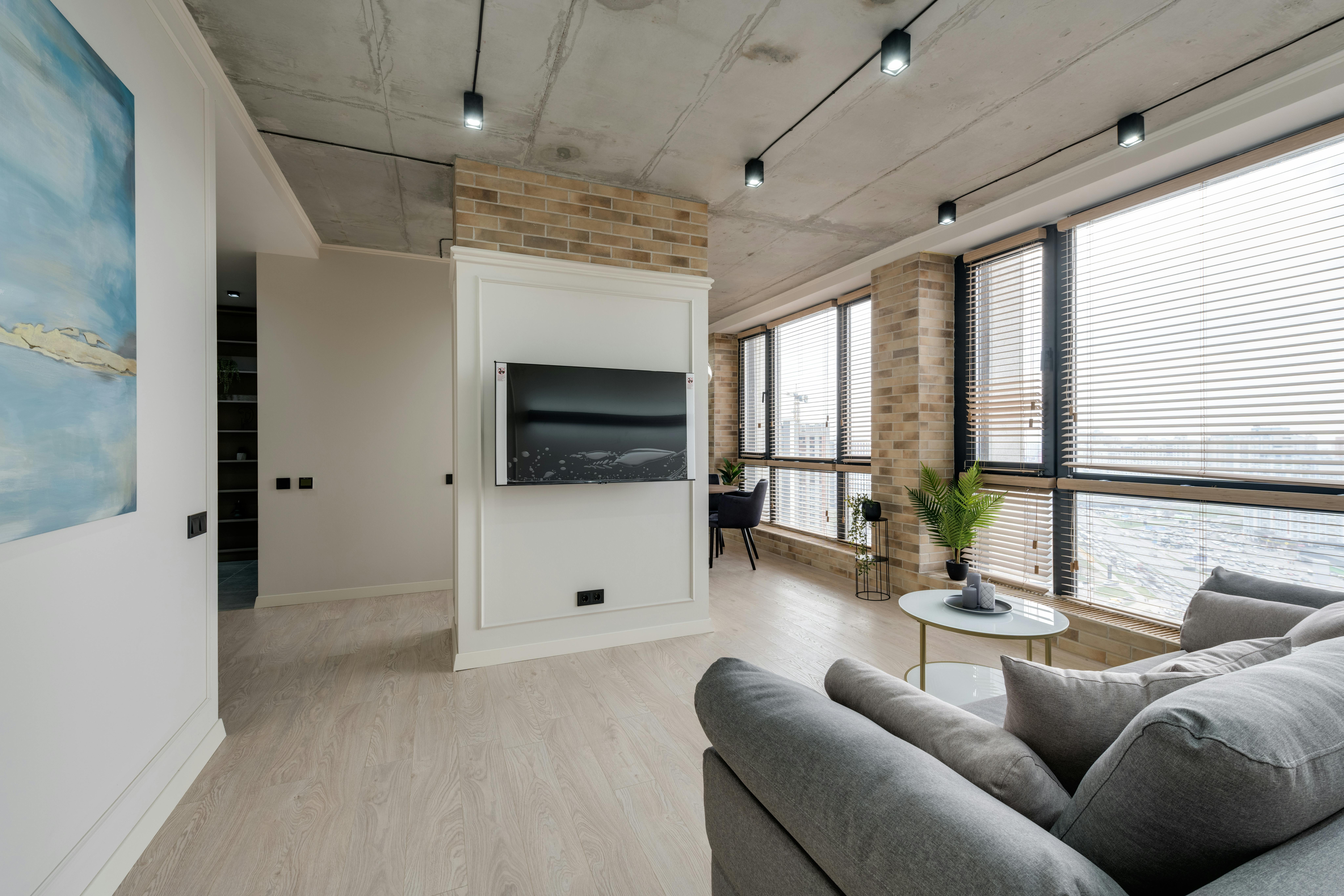 Minnesota interior with television and gray couch